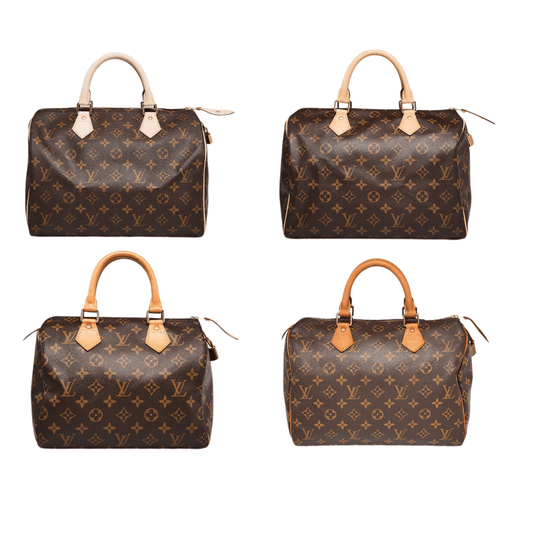 Louis Vuitton vachetta leather bags showcasing different stages of leather aging and color.