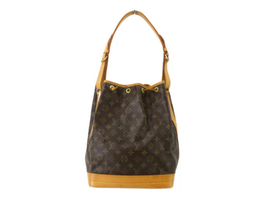 Louis Vuitton Monogram Noé skuldertaske – tidløs bucket taske med naturlig patina og justerbar læderrem