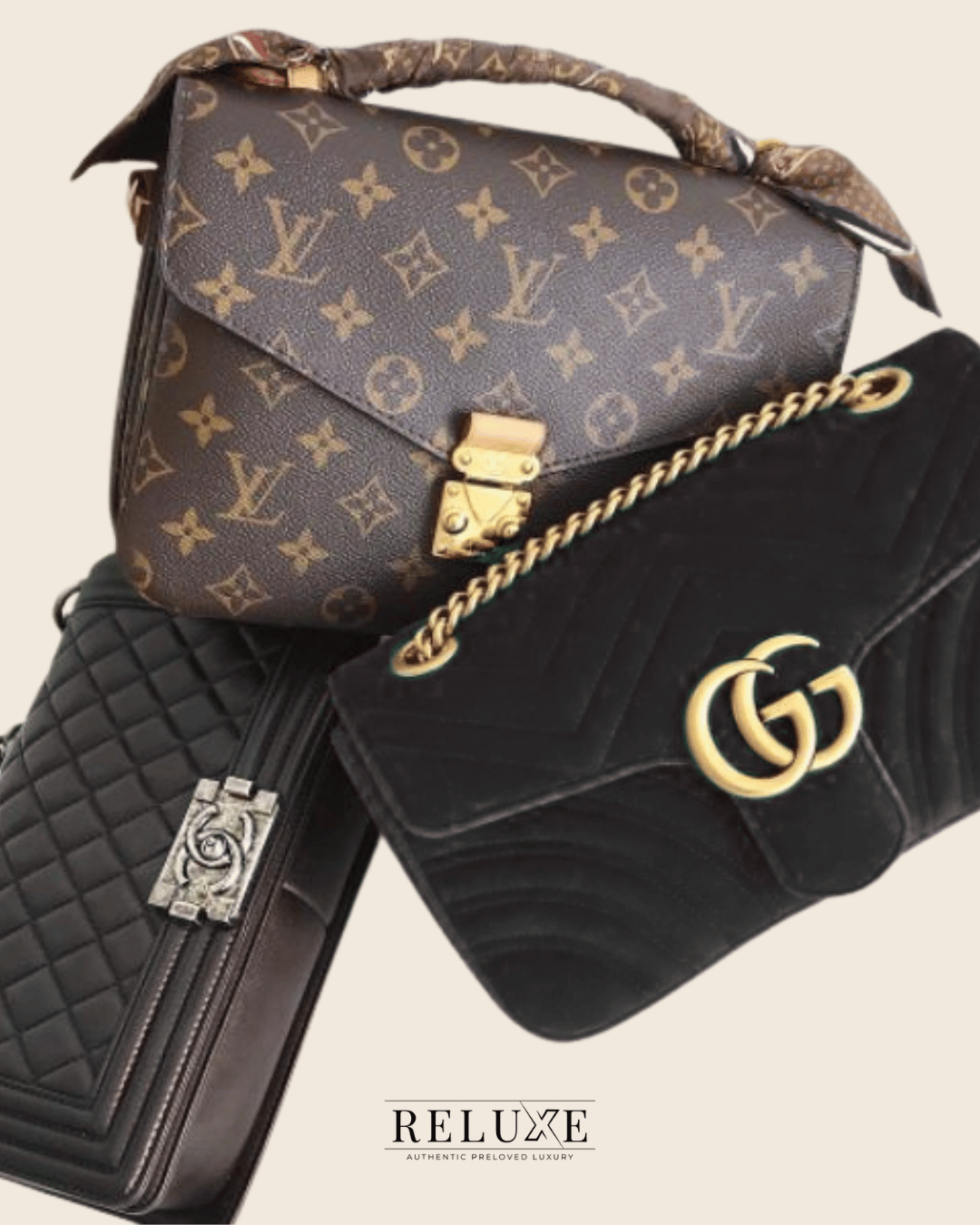Collage af preloved designertasker: Louis Vuitton Pochette Métis, Chanel Boy bag og Gucci Marmont – Reluxe.dk