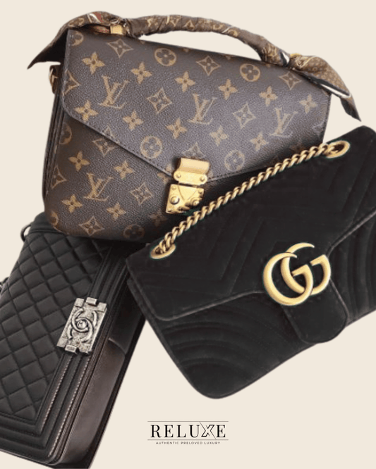 Collage af preloved designertasker: Louis Vuitton Pochette Métis, Chanel Boy bag og Gucci Marmont – Reluxe.dk