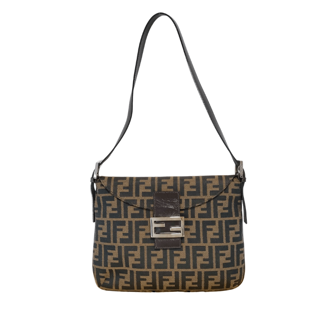 Fendi handbag featuring iconic FF logo design in brown and black, with a silver buckle and shoulder strap.