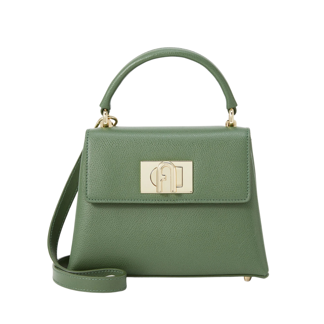 Elegant green Furla handbag featuring a gold lock, perfect for modern style and Italian design.