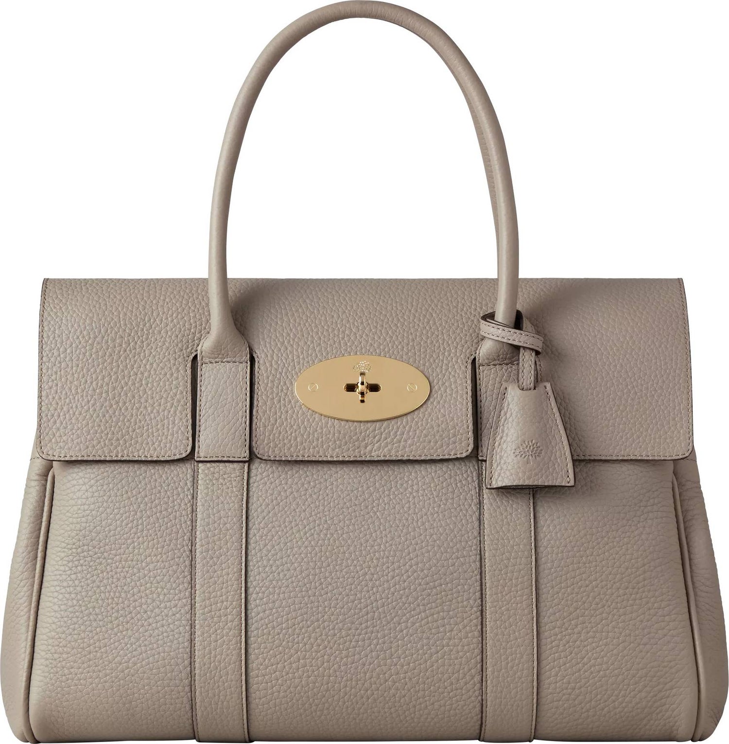 Mulberry beige leather handbag with elegant design and iconic gold closure.