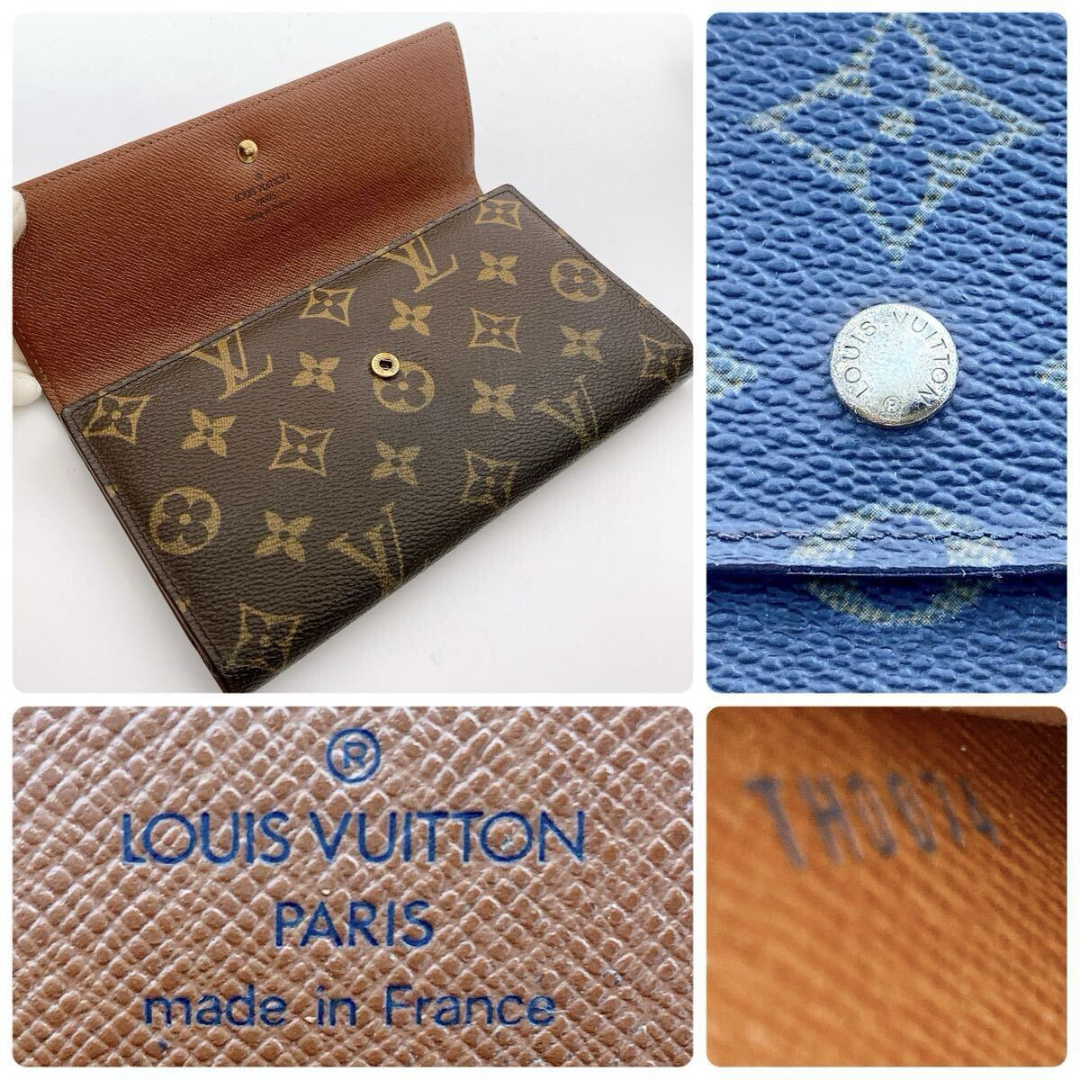 Louis Vuitton pung åbnet med synligt trykknap-logo, 'Made in France'-stempel og datokode TH0074