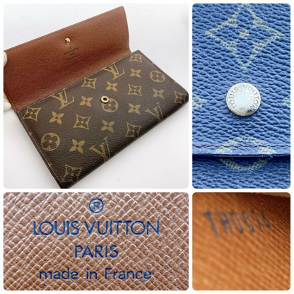 Louis Vuitton pung åbnet med synligt trykknap-logo, 'Made in France'-stempel og datokode TH0074
