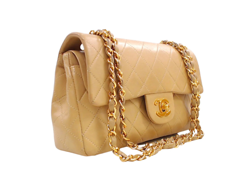 Classic Chanel flap med GHW dobbelt flap-taske i beige lammeskind med guld hardware og kæderem