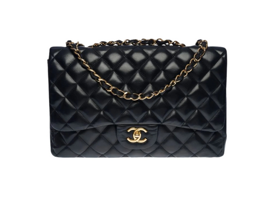 Chanel Classic Jumbo flap-taske i sort lammeskind med 24k guldbelagt hardware, preloved vintage luksustaske