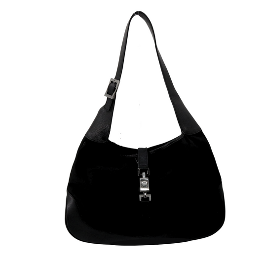 Gucci Jackie taske i sort canvas med sorte læderdetaljer – front view
