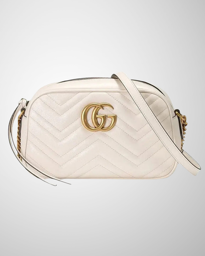 Mini Gucci Marmont Camera Taske i cremehvidt med GG-logo og chevron-mønster