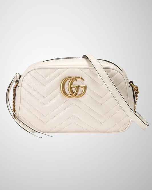 Mini Gucci Marmont Camera Taske i cremehvidt med GG-logo og chevron-mønster