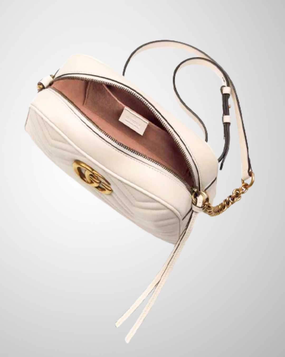 Mini Gucci Marmont Camera Taske i off-white med GG-logo og quiltet design.