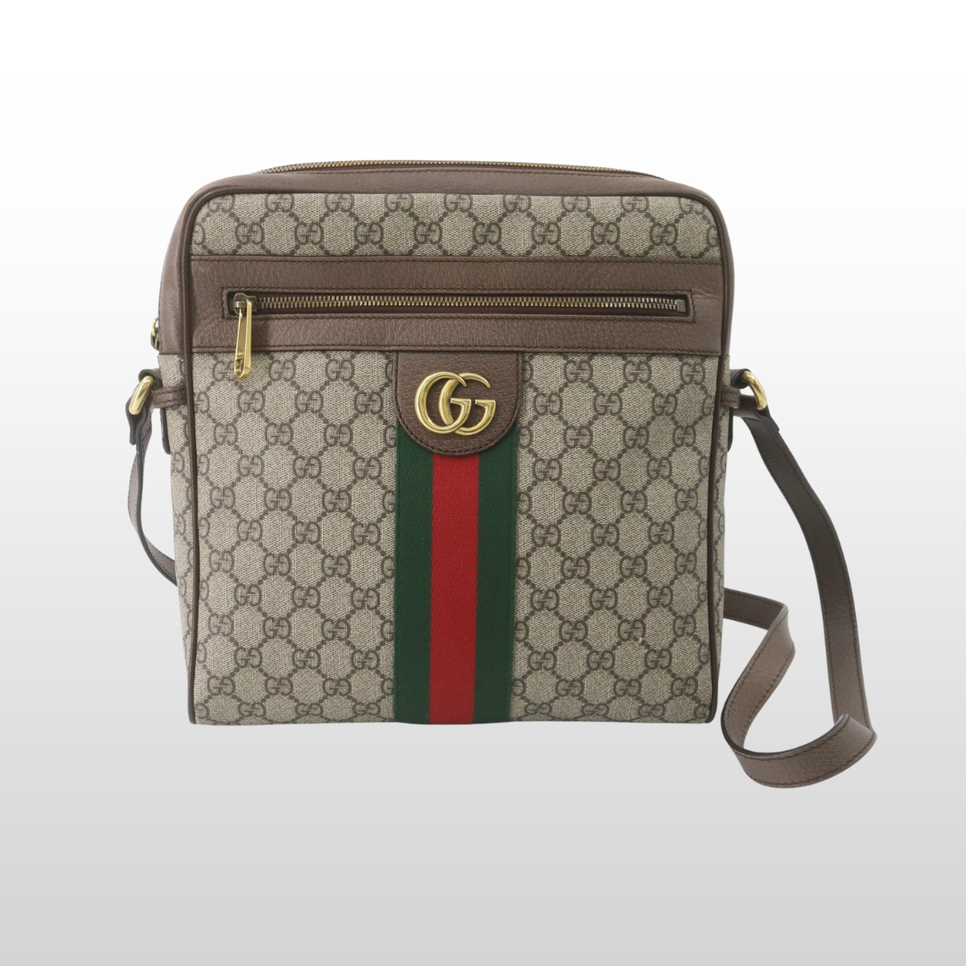Gucci Ophidia Messenger Crossbody taske set forfra i beige canvas med GG – Reluxe.dk