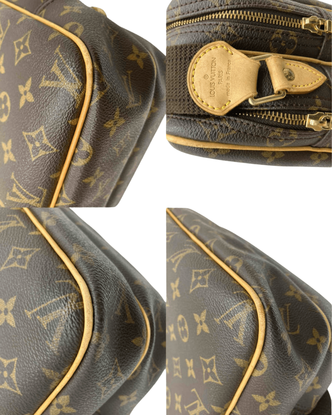 Detaljer af Louis Vuitton Reporter PM Monogram Canvas tasken, herunder lynlås og monogram mønster.