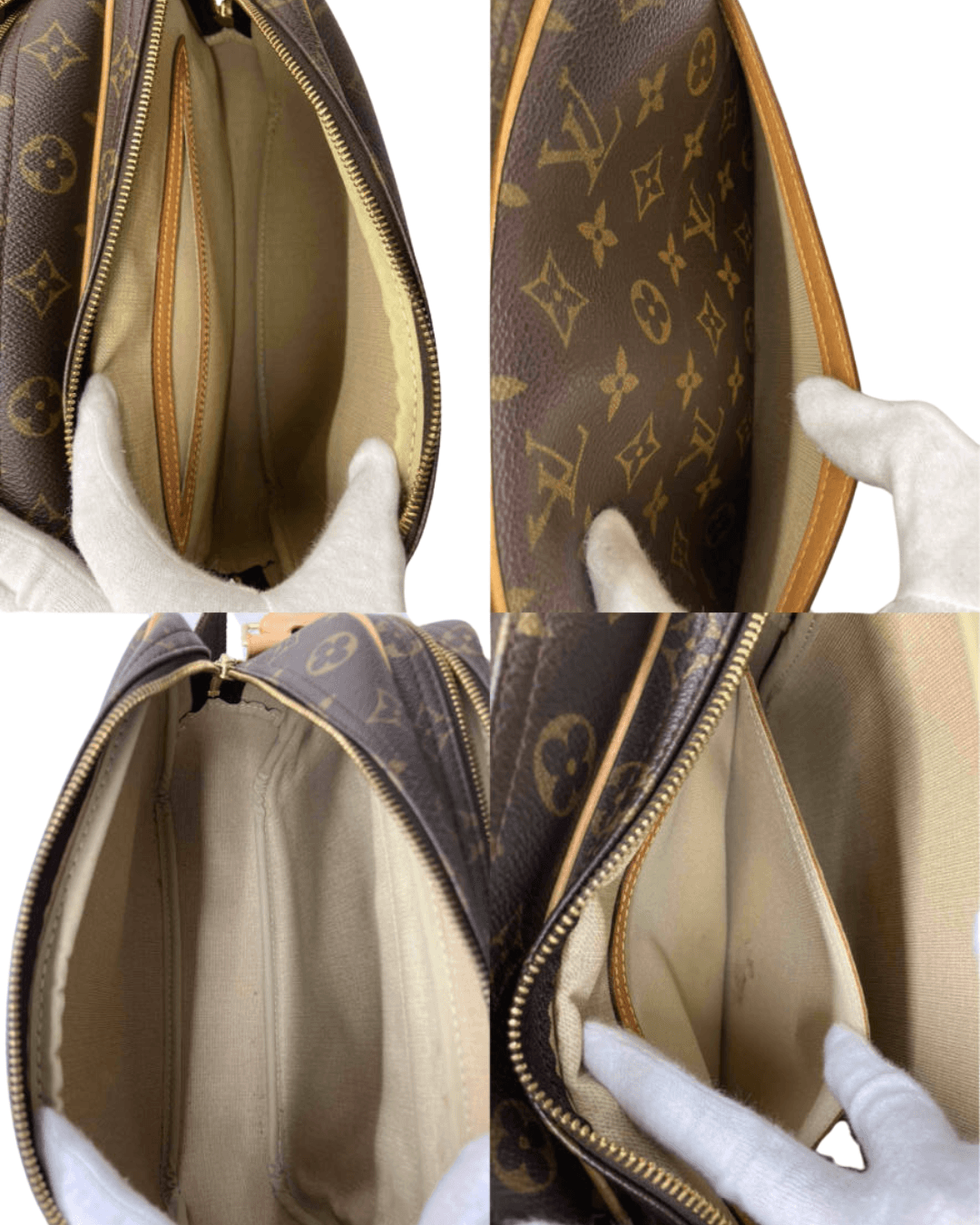 Indvendig detaljevisning af Louis Vuitton Reporter PM Monogram Canvas med rummelige sektioner.