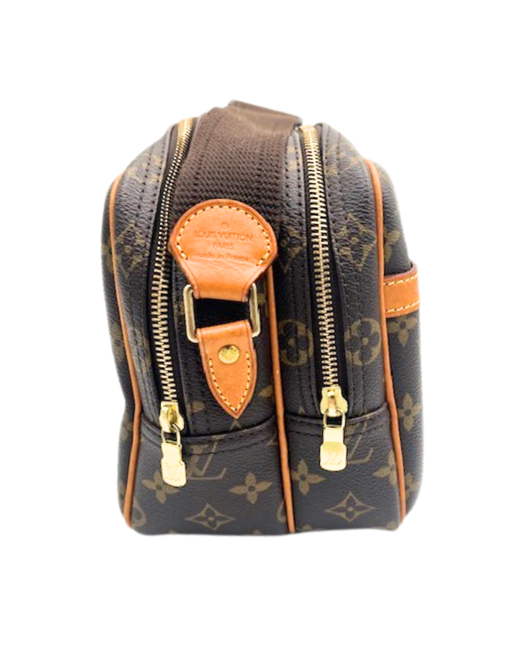 LV Reporter PM side view – justerbar skulderrem og messing hardware