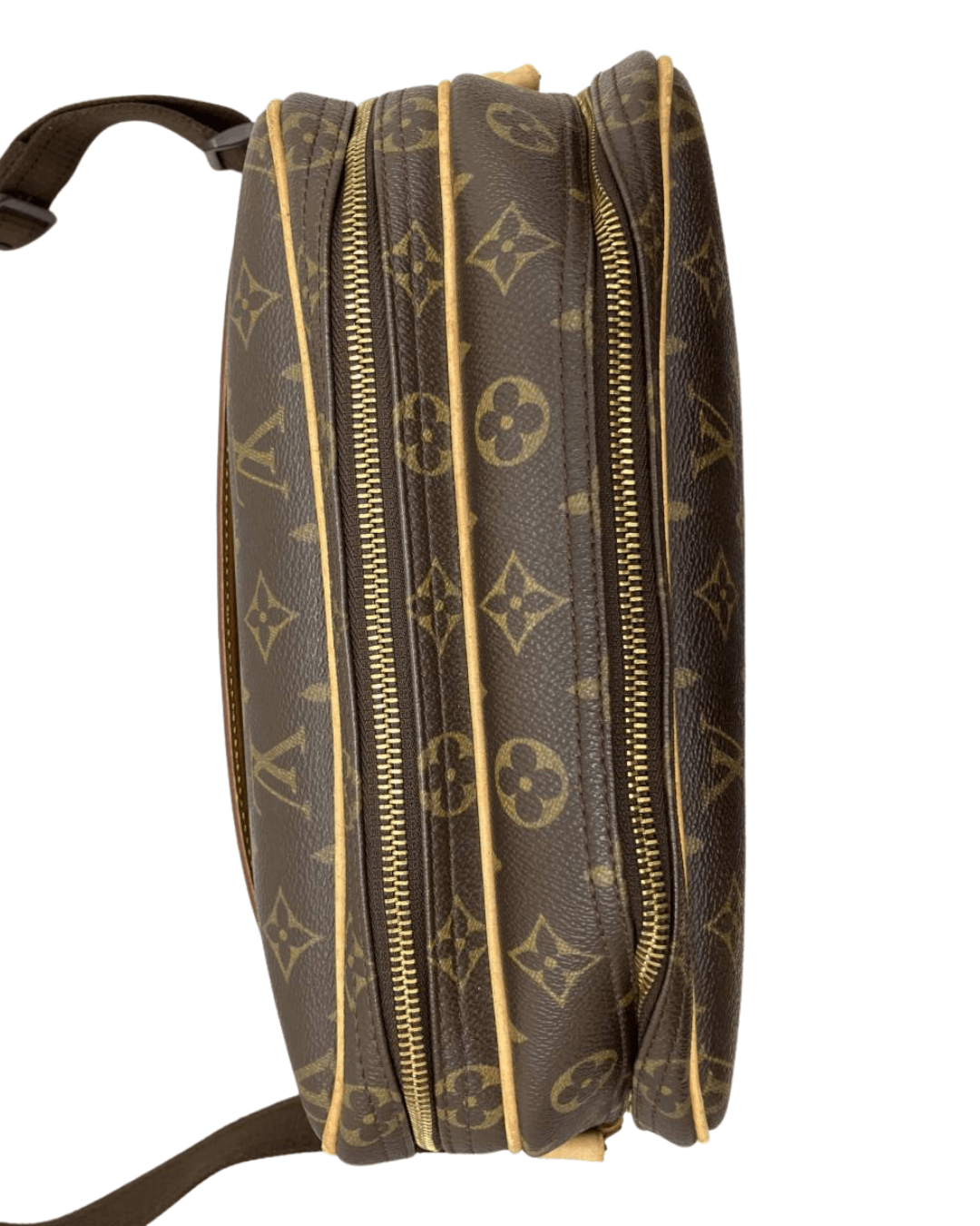Louis Vuitton Reporter PM Monogram Canvas set fra siden, med synlig dobbel lynlås og ikonisk monogramdesign.