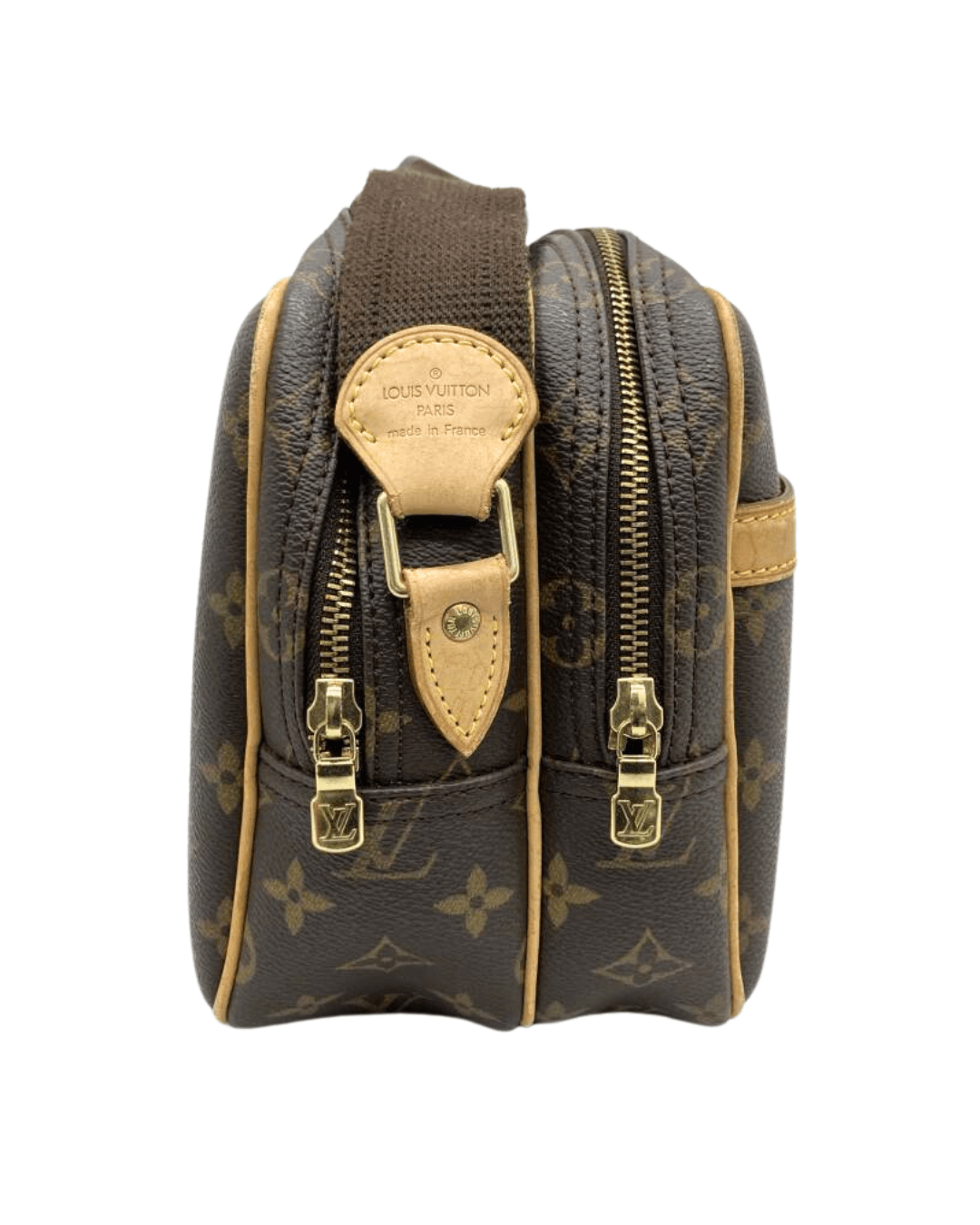 Louis Vuitton Reporter PM Monogram Canvas taske med to lynlåse og logo i læderdetaljer.