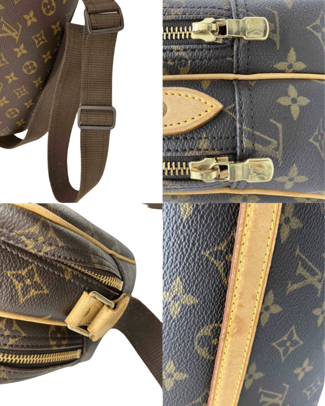 Detaljer af rem, hardware og vachetta-læder på Louis Vuitton Reporter PM Monogram Canvas