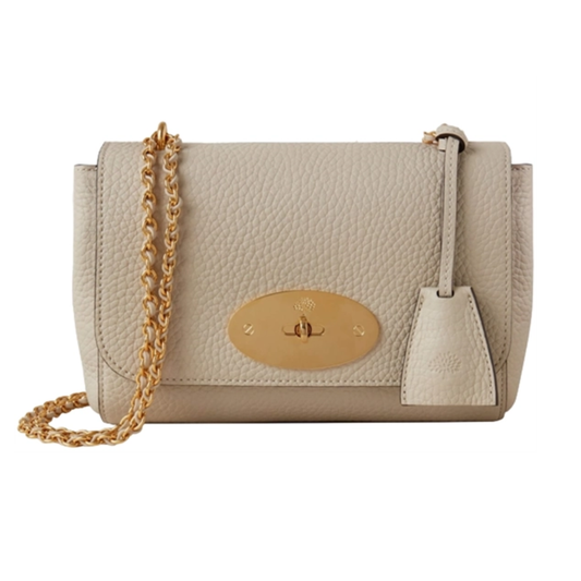 Mulberry Lily Chalk Heavy Grain skuldertaske – frontbillede med gyldent hardware og kæderem