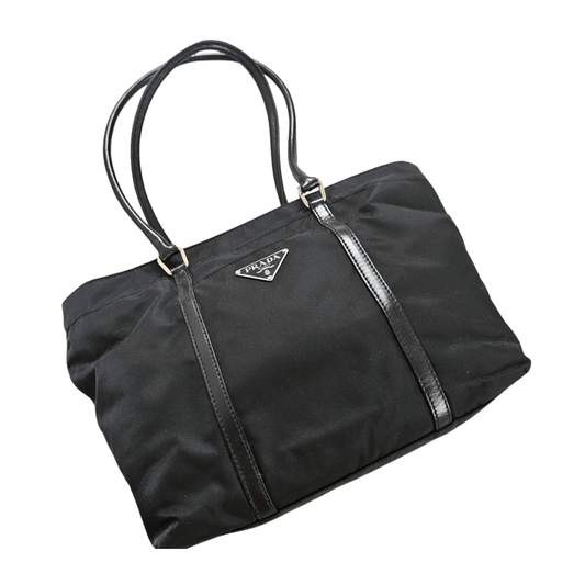 Prada sort Tessuto Nylon Tote shopper taske i preloved stand – ikonisk dame håndtaske i nylon og læder